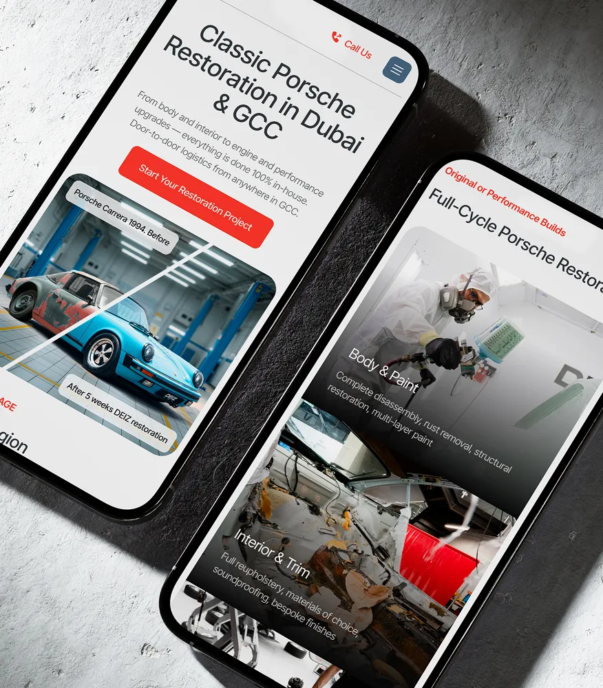 Страница услуги реставрации Porsche на двух телефонах