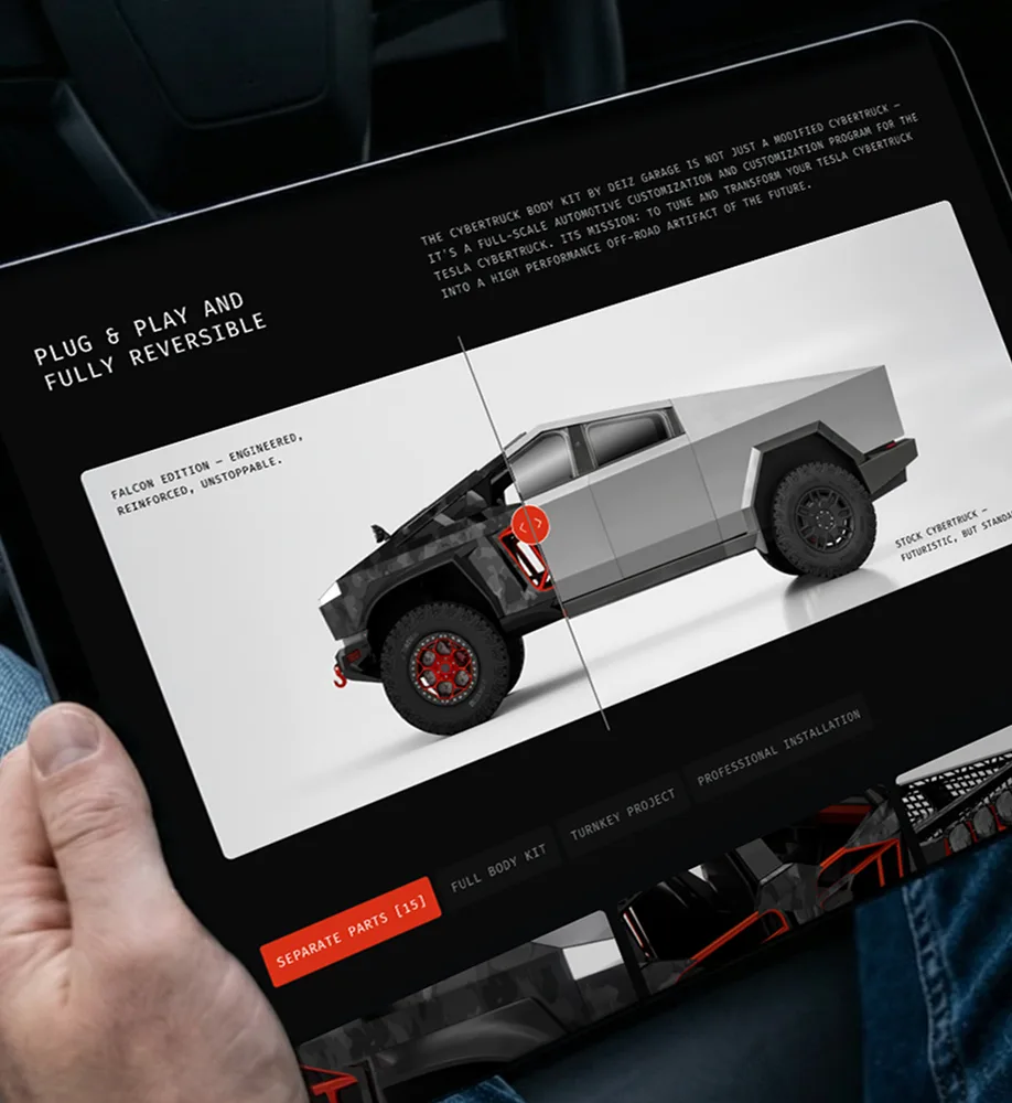 Лендинг Tesla Cybertruck Falcon на планшете